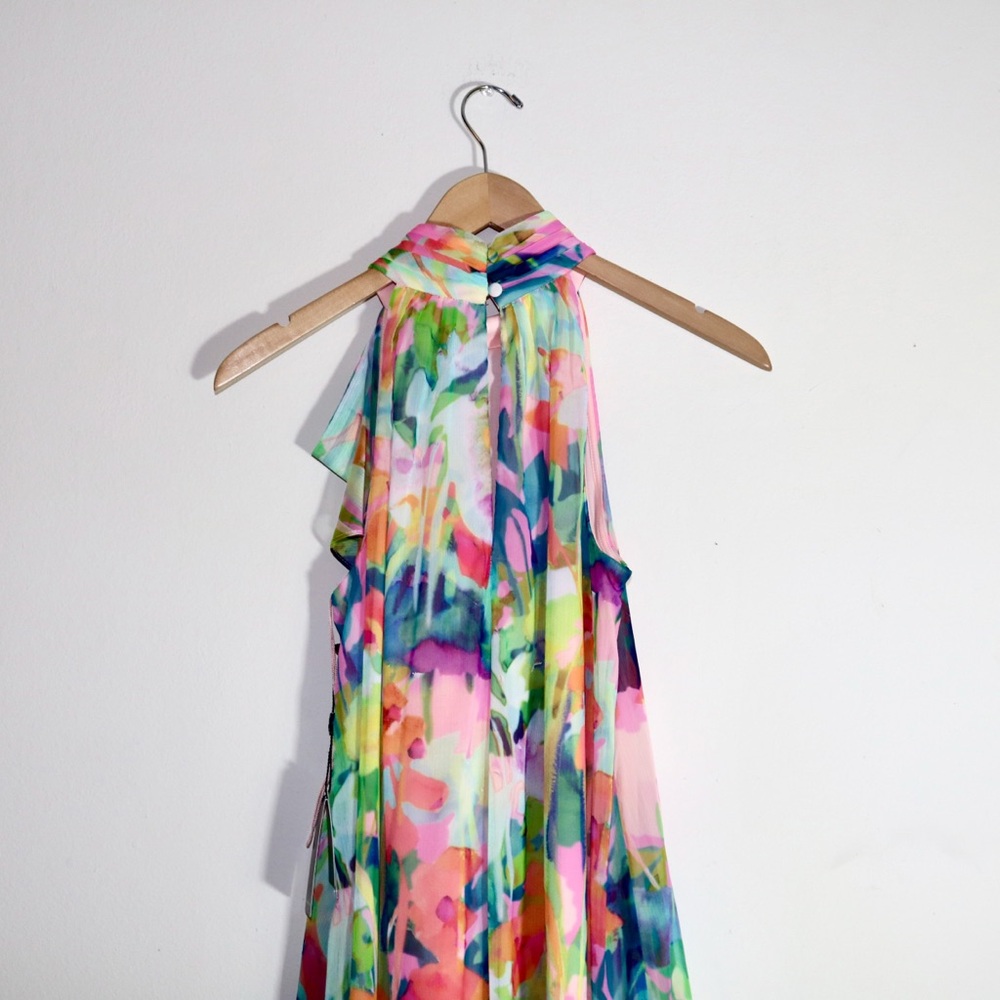 Adrianna Papell Floral Ruffle Chiffon Halter Trapeze Dress In Pink Multi - Picture 6 of 12